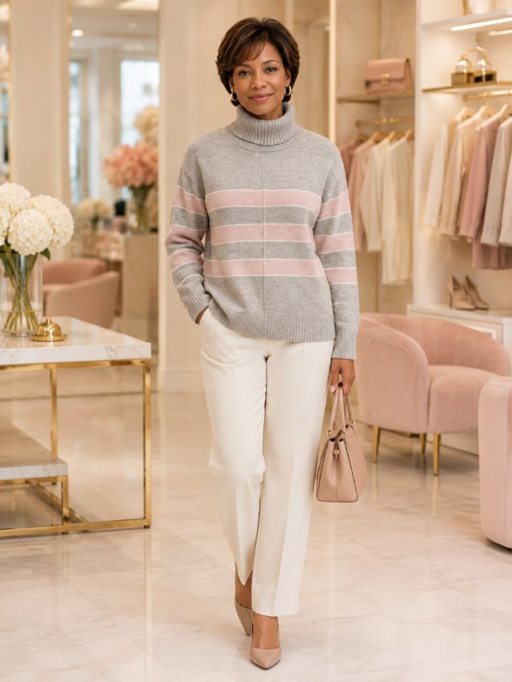 Caslon Gray & Blush Striped Turtleneck Sweater Size M